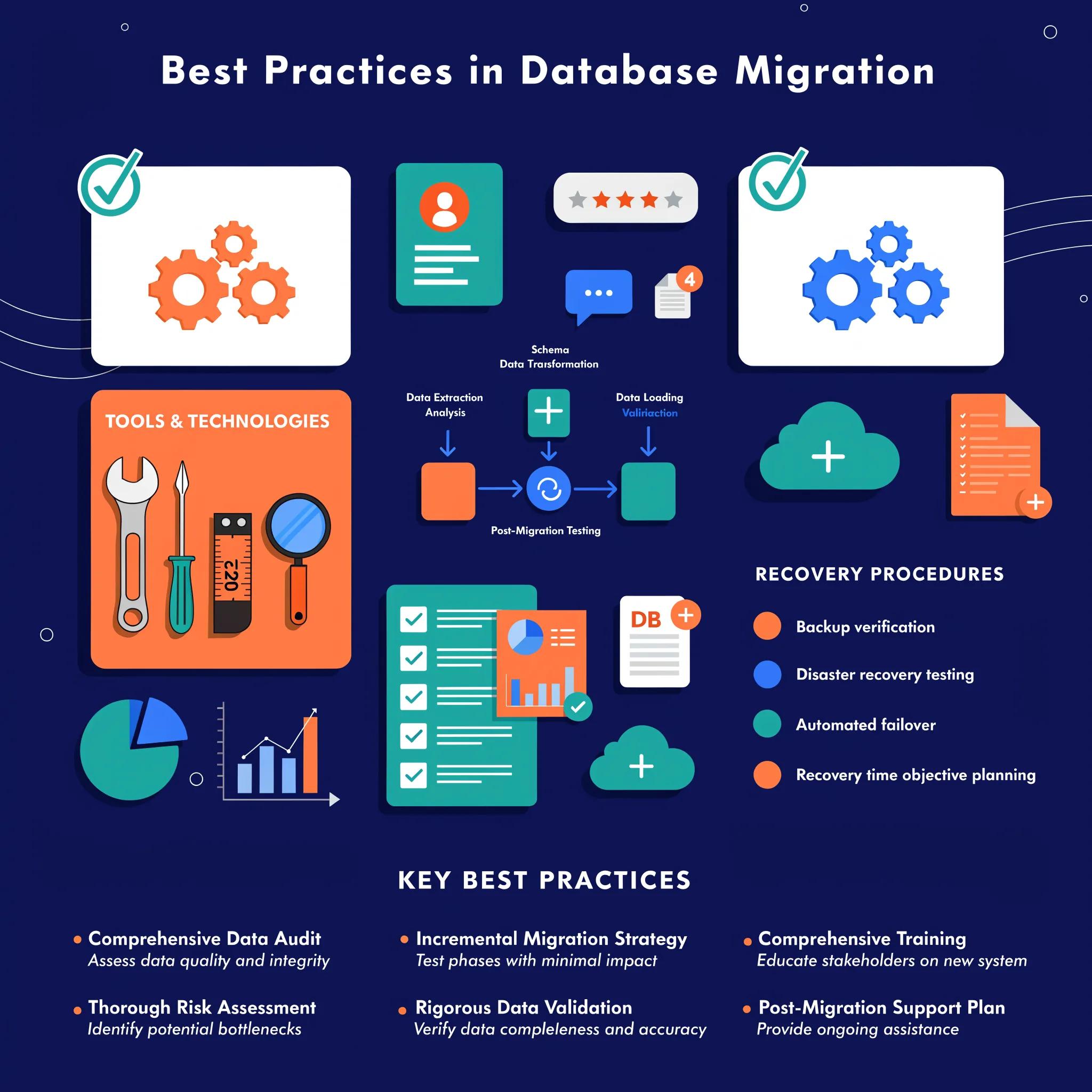 Illustration of best practices checklist for database migration showcasing tools and preparation elements