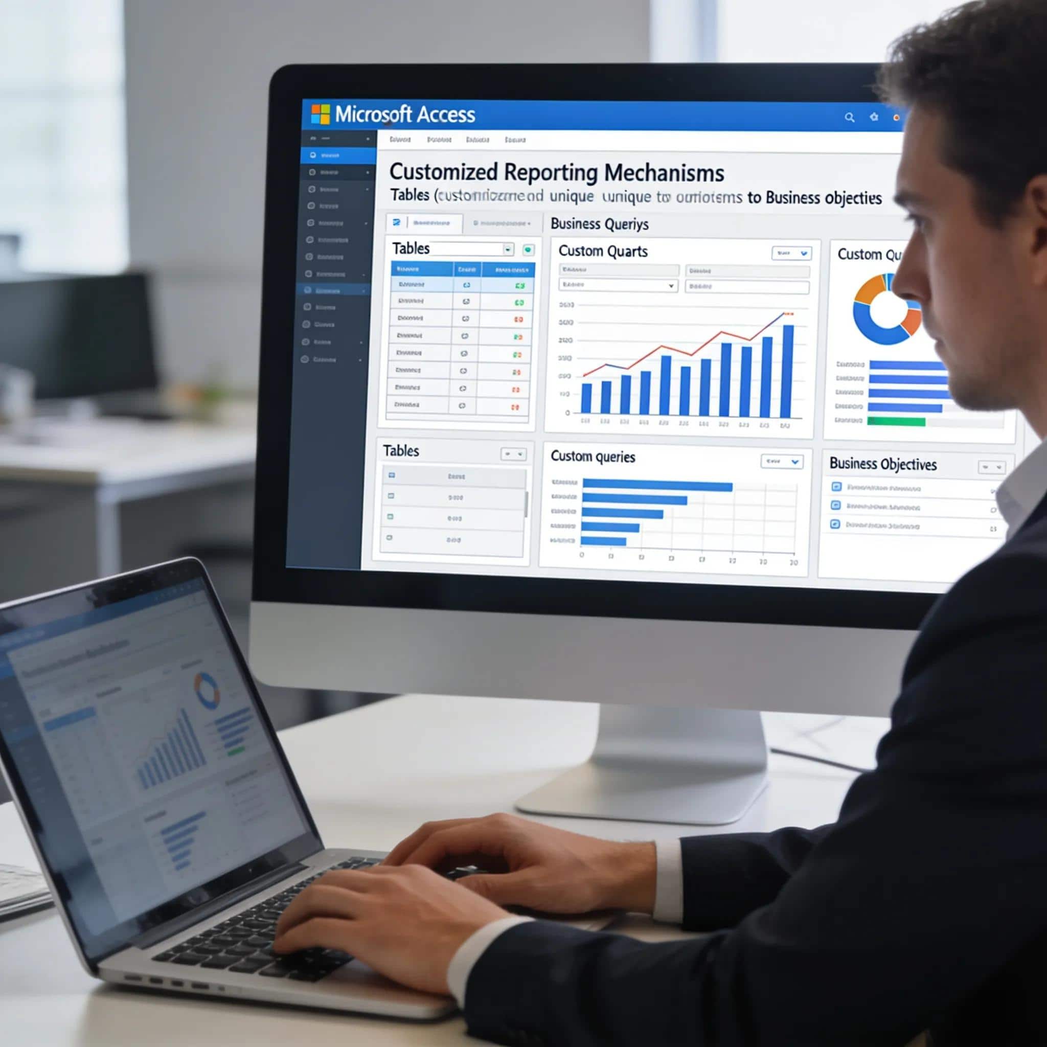 Customized Microsoft Access interface showcasing unique reporting mechanisms in a professional workspace