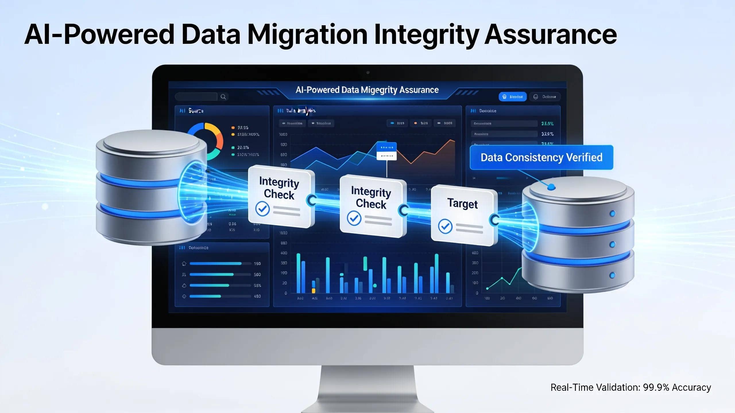 AI technology analyzing data integrity during the database migration process with analytics on screen