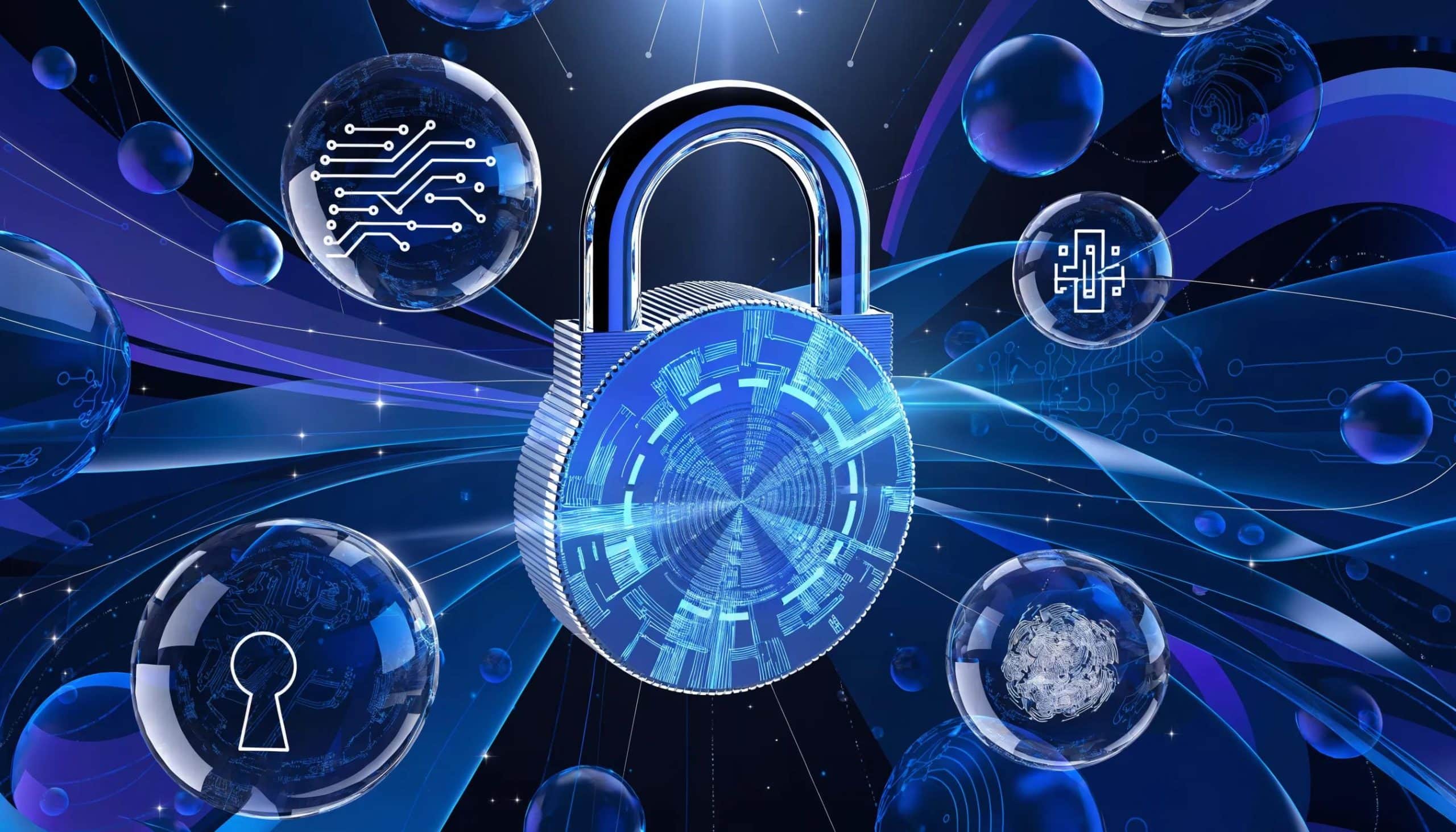 Digital security icons and a padlock representing SQL Server's advanced security features
