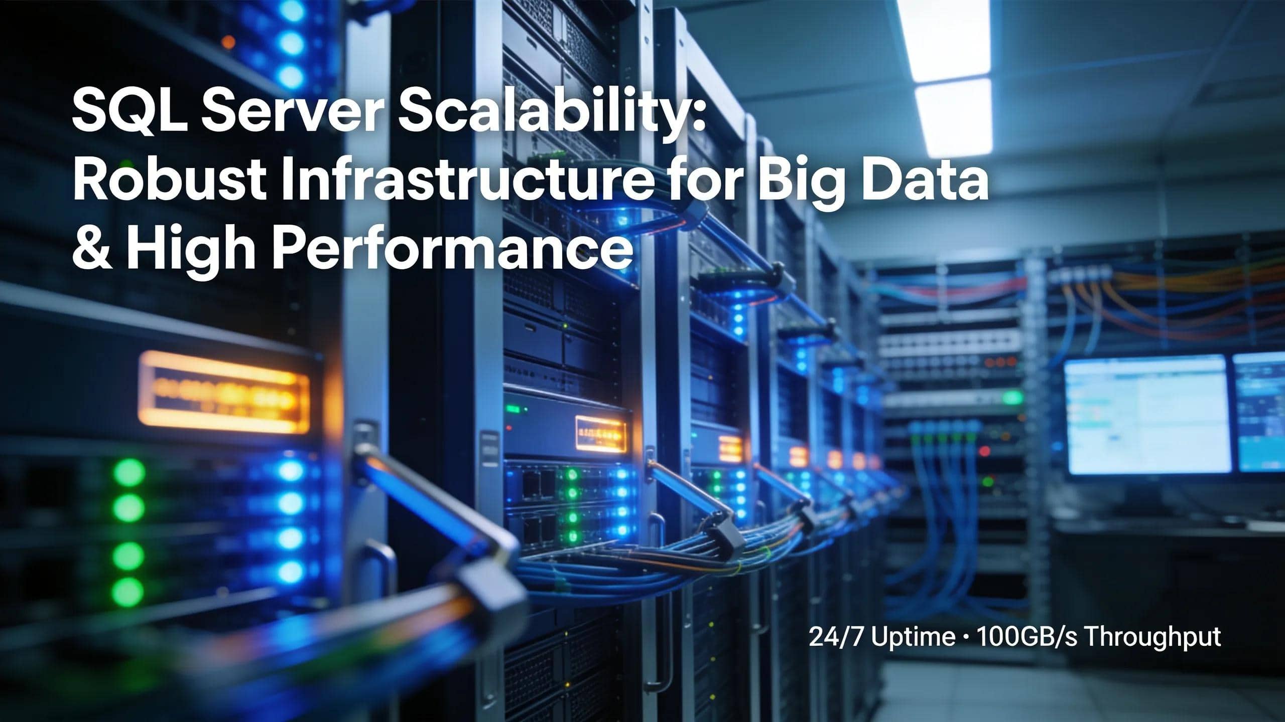 Server rack in a data center symbolizing SQL Server's scalability and performance capabilities