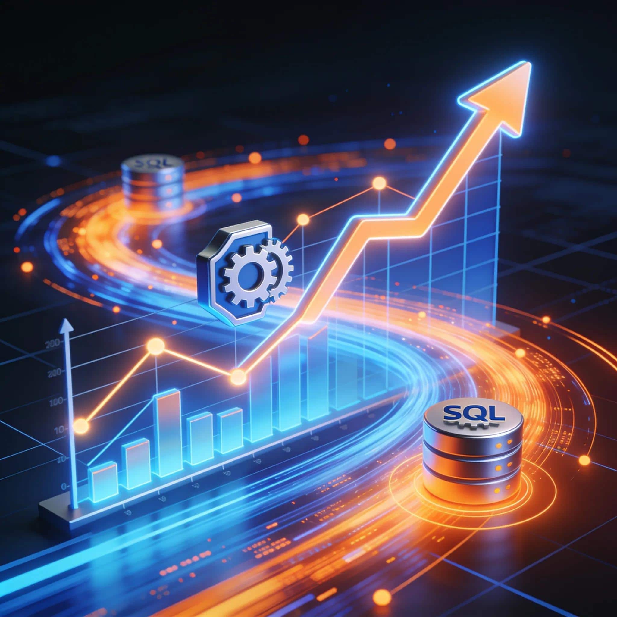 Dynamic depiction of performance optimization techniques for SQL Server illustrating growth and efficiency