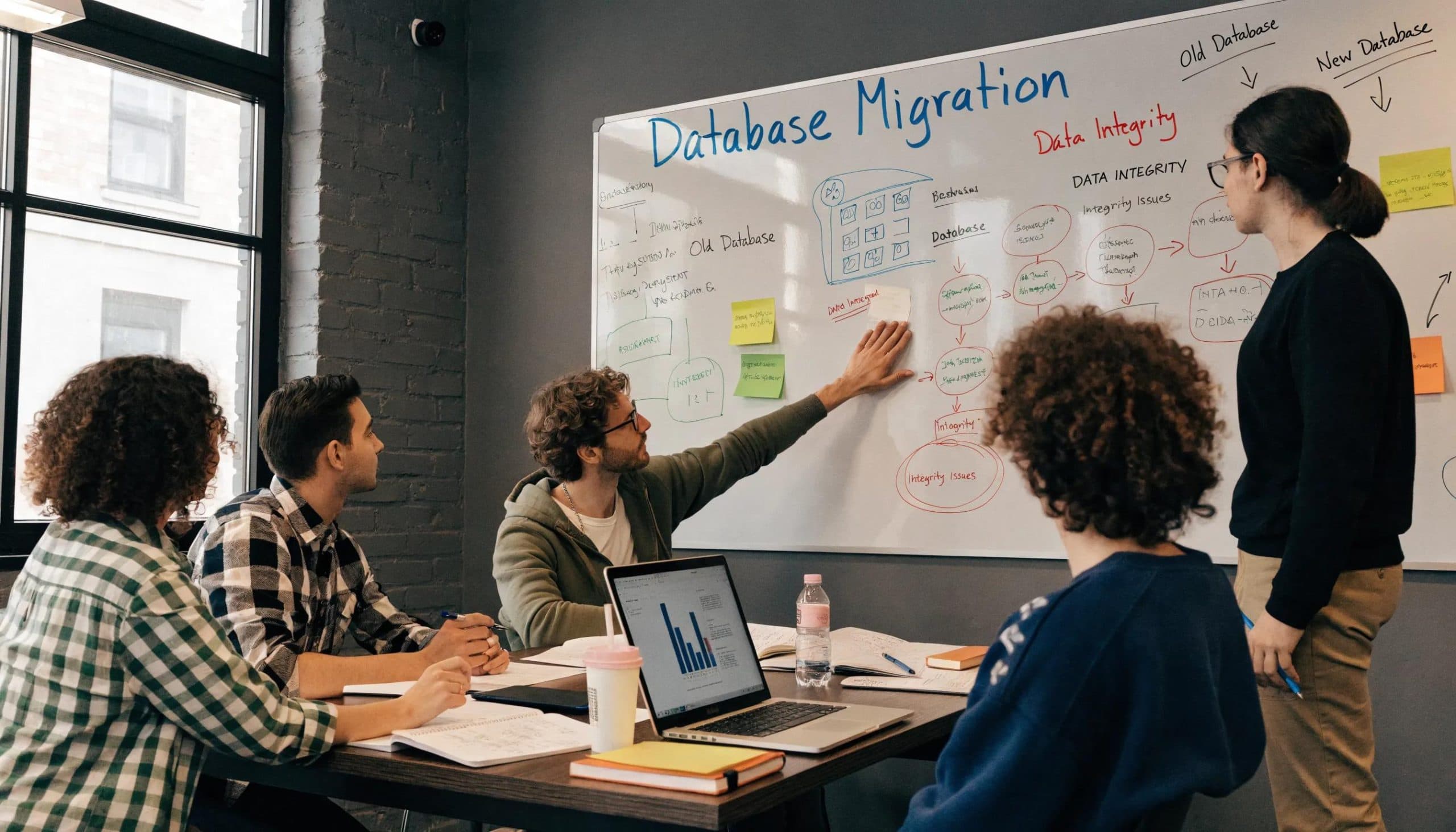 IT professionals discussing challenges in legacy system database migration with notes and diagrams