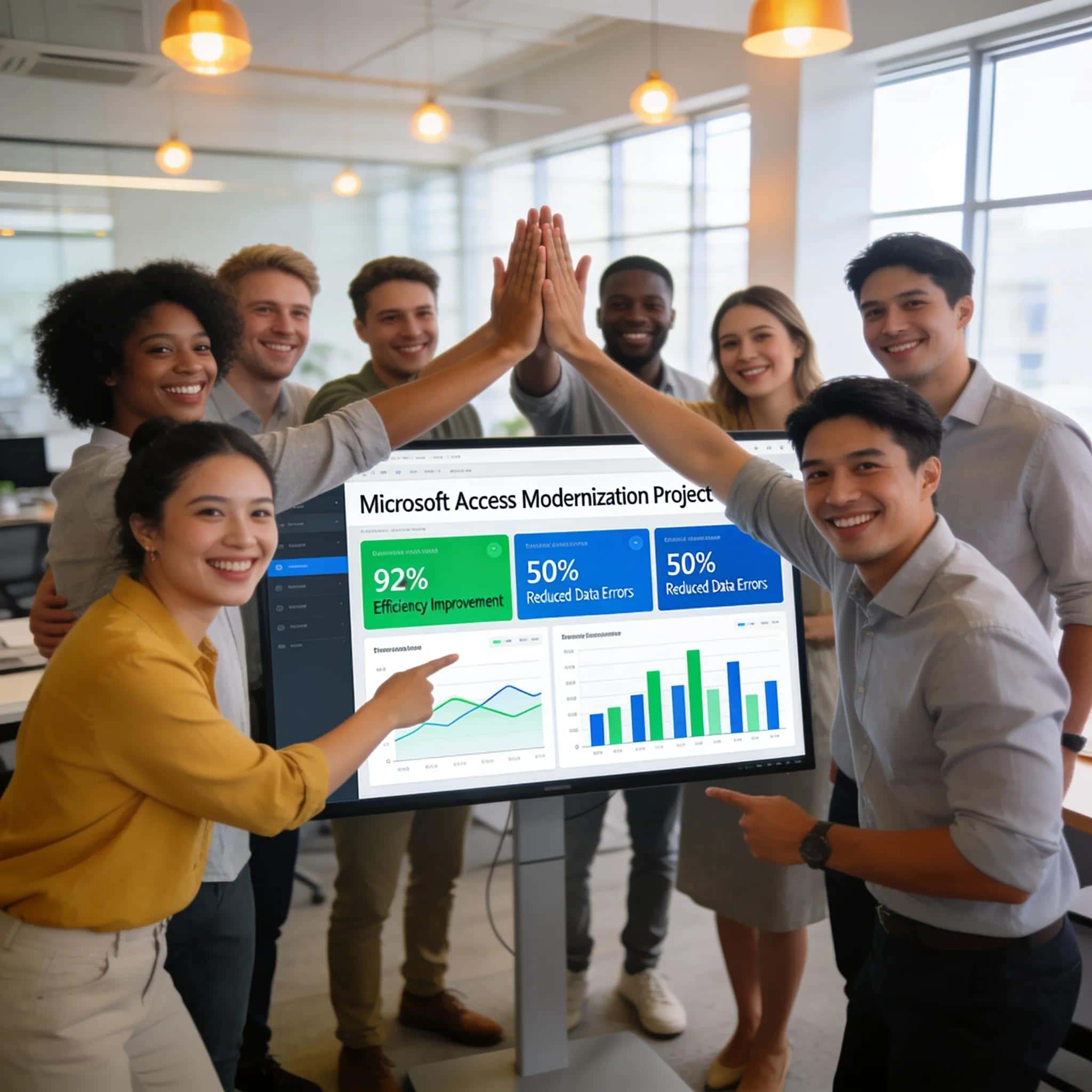 Strategic Microsoft Access Modernization Framework 3 Celebration of a successful Microsoft Access modernization project in a modern office environment